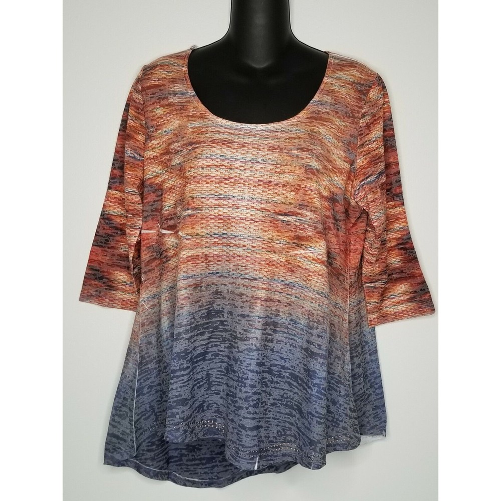 Live And Let Live Womens Scoop Neck Orange Blue 3/4 Sleeve Top Shirt Medium